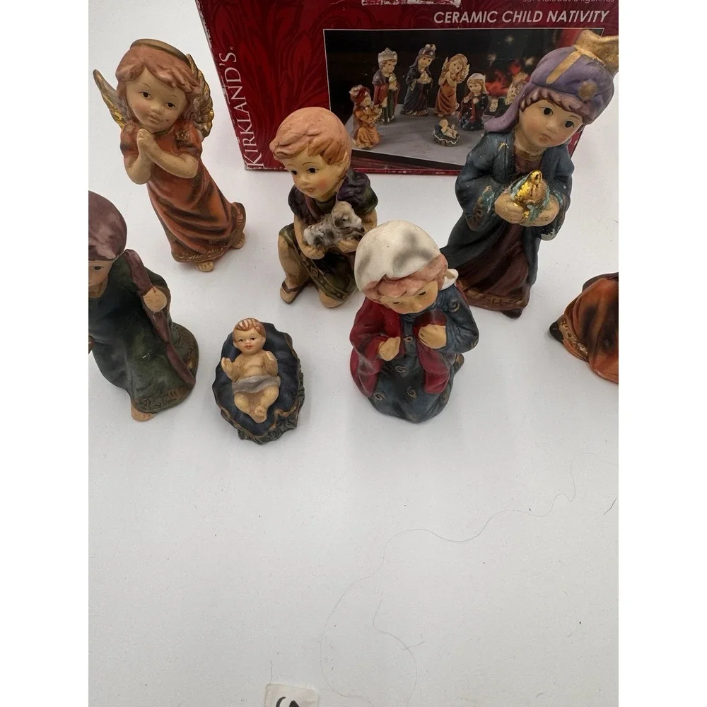 Vtg Nativity Child Set Kirklands Ceramic Glazed 7 Pieces Wiseman Is Missing 5.5